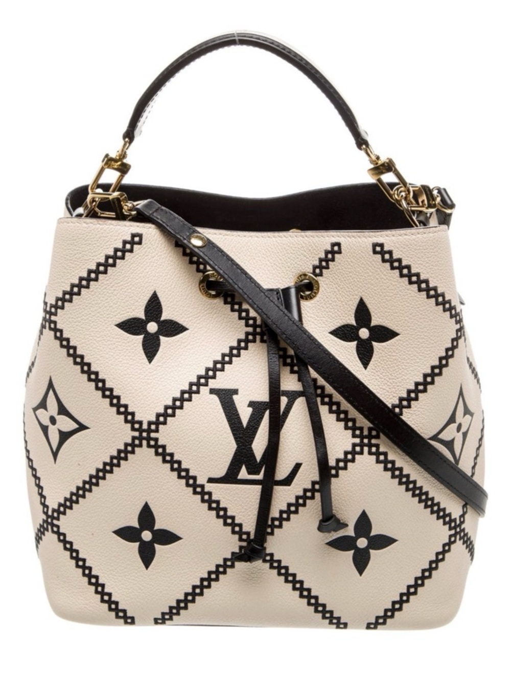 Louis Vuitton Cream and Black Monogram Drawstring Bucket Bag Neonoe